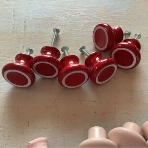 💜Set of ceramic knobs, red with white stripe set of 6.with  pink ceramic knobs